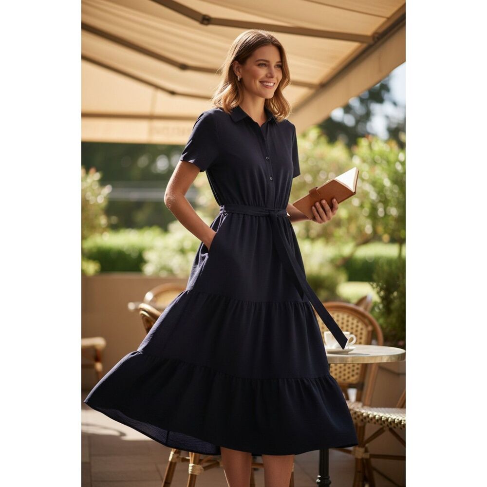 London Times Navy Maxi Dress Women L NWT Button Front Belted Pockets